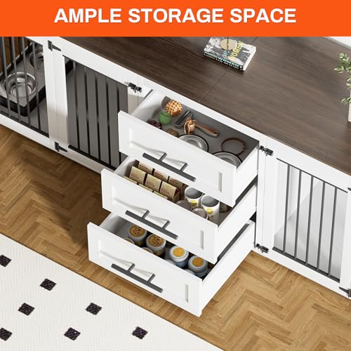 Rophefx 94.5" Dog Crate Furniture for 2 Dogs, Wooden Kennel TV Stand, White | Indoor double dog house with 3 storage drawers, 4 feeding bowls, lockable doors, and a wide top for large and medium dogs - color: White