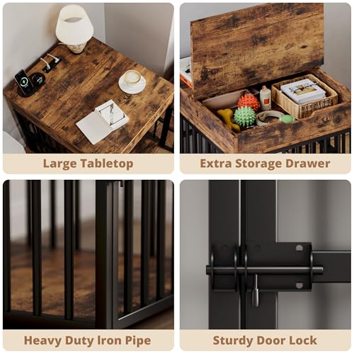IRONCK Dog Crate Furniture for Small Dogs, Rustic Brown | Wooden Dog Kennel with Flip Top Drawer, Indoor Pet Crate End Table with Charging Station, Steel-Tube Dog Cage - color: Rustic Brown