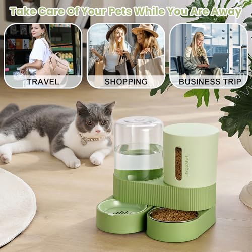Automatic Cat Feeder Stainless Steel Water Dispenser Gravity Food Feeder and Waterer Set with Pet Food Bowl for Small Medium Kitten Puppy Pets Large Capacity(Green) - color: Green