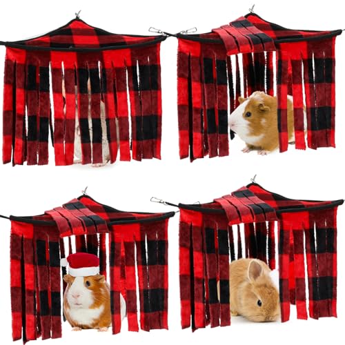 Huwena 4 Pcs Guinea Pig Hideout Fleece Hideaway Toys Cage Accessories Small Animals Corner Triangular Hammock Hamster Ferret Playing Sleeping Bed for Hedgehog Bunny Chinchillas (Christmas Plaid) - style: Christmas Plaid