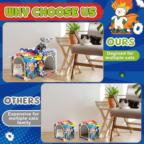 Lineshading 2 Story Cardboard Cat House with Scratcher Pad, Multi Level Durable Cat Scratcher House for Small Kitten Bunny Rabbit Animals Christmas Birthday Gift(17x12x10,Hero) - style: Hero