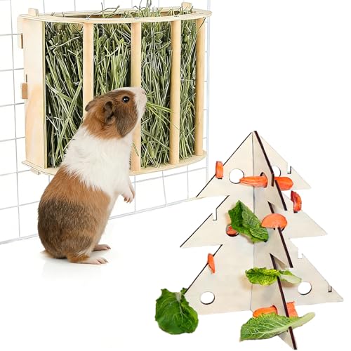 Guinea Pig Hay Feeder Wooden Rabbit Hay Rack Bunny Treat Holder Vegetable Dispenser Foraging Toy Cage Accessories for Chinchillas Small Animals
