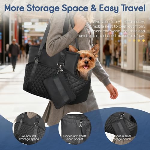 YUDODO 4-12lbs Dog Purse Carrier, Lightweight Small Dog Carrier with Large Pockets & Treat Pouch, Collapsible Pet Travel Carrier Puppy Cat Rabbit, Black, Purse+Treat Pouch