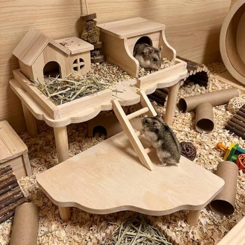 Hamster Platform 2 Pack - Wooden Cage Accessories for Dwarf Syrian Hamsters, Gerbils, Mice, Degus - Extra Large Wood Play Stand, Easy Install