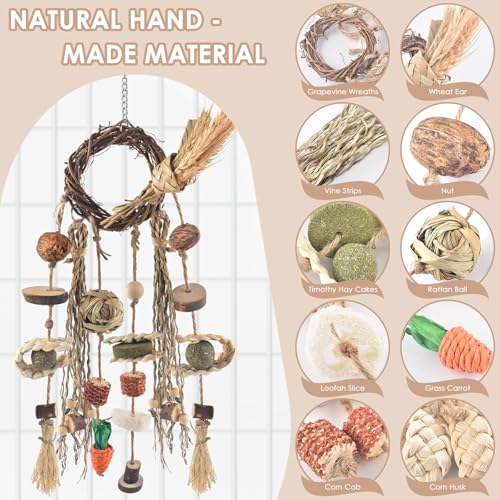 Bissap Bunny Chew Toy, Rabbit Cage Hanging Chewing Toy Treat Christmas Grapevine Wreaths Rattan Ring with Snack Water Grass for Guinea Pig Chinchilla Hamster Rat and Other Small Pet Teeth Grinding - style: Wheat & Vine