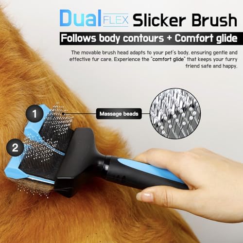 iToleeve Dual Flexible Head Slicker Brush, Round Tipped Pins, Double Sided | For Dogs and Cats, Grooming Tool Removes Loose Undercoat, Helps Reduce Shedding, and Detangles Knots and Tangles