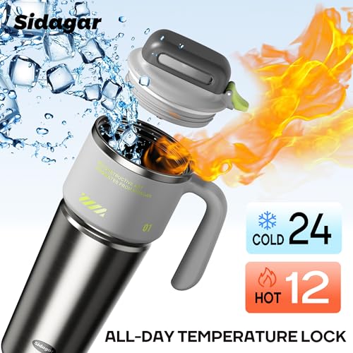 32 oz Insulated Tumbler with Push-button Lid and Handle, Grey | 316L Stainless Steel, Leakproof Lid, Double-Wall Vacuum Insulation, Keeps Drinks Hot or Cold for Work, Travel & Daily Use - color: Gray
