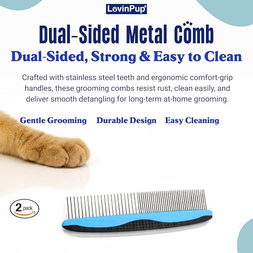 Pet Metal Comb for Dogs and Cats (2-Pack) – Detangling Comb | Stainless Steel Rounded Teeth for Painless Detangling – Dual-Spacing w/Comfort Grip Handle – Professional Grooming Tools - size: Comb
