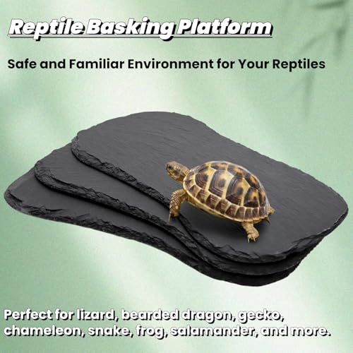 Tlence 3 Pack Reptile Basking Platform, 11''x5.5'' Tortoise Rock Plates, Bearded Dragon Feeding Slate, Lizard Bathing Resting Rock Slab for Gecko Chameleon Snake Frog Habitat Accessories