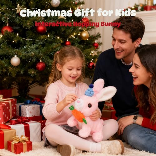Easfan Bunny Plush Jumping Spotted Pink Rabbit with Hat Hopping Ears Nose Moving Educational Plush Toy Singing Shaking Glowing Interactive Toy Electric for Toddlers Kids - style: Bunny_Pink_Hat