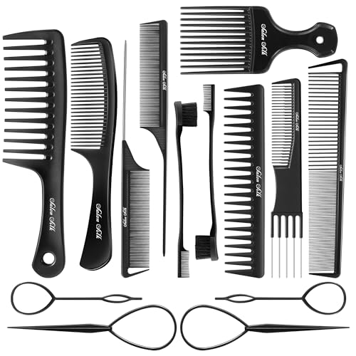 SALONSILK Women Hair Comb Set - 14PCS Wide Tooth Rat Tail Styling Combs Pick for Curly - Teasing Parting Fine Professional Barber Cutting Braiding Set - color: Black-14 PCS