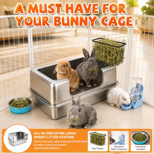 BWOGUE Extra Large Stainless Steel Rabbit Litter Box with Grid for Bunnies | Large Rabbit Litter Box, 23.6 x 15.7 x 11.2 in, High Sides, Removable Grid, Easy to Clean, Prevents Odors and Stains