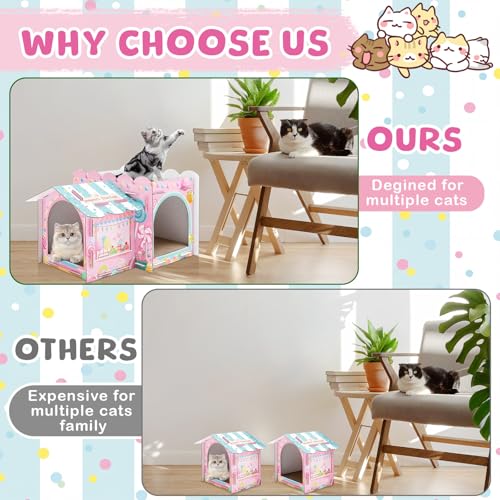 Lineshading 2 Story Cardboard Cat House with Scratcher Pad, Multi Level Durable Cat Scratcher House for Small Kitten Bunny Rabbit Animals Christmas Birthday Gift(17x12x10,Confectionery) - style: Confectionery