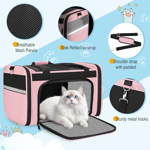 HUANLANG Large Cat Carrier Soft Sided Travel Pet Carrier Airline Approved | Dog Carriers for Small Dogs Medium Cats,Collapsible,3 Storage,zipper lock,Reflective strips,Luggage Strap, Up to 15 L,Pinkbs - color: Pink