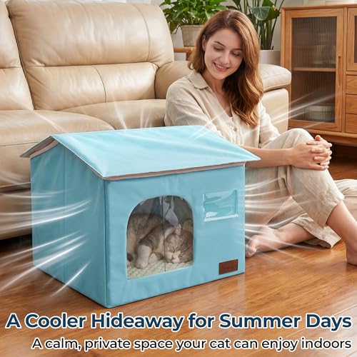 PatiencET Cat Cooling House for 1 Cat, Indoor Cooling Cat House for Summer, Blue Cat Hideaway Bed with Side Ice Packs, Insulated Foil Lining - size: Medium