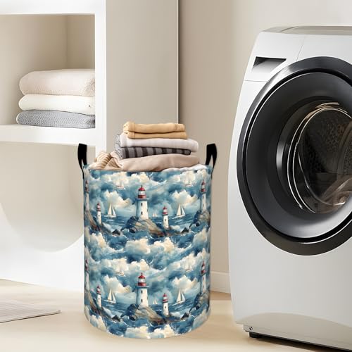 Nautical Lighthouse with Sailboat Scene Laundry Basket with Handles, 19.7"x15.7" Clothes Foldable Laundry Hamper Organizer for Dorm Nursery Bedroom Bathroom Decor, Toy Storage Bin for Kids - style: Lighthouse08