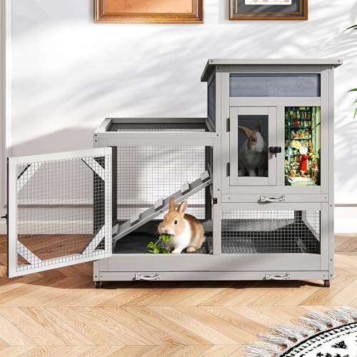 COZIWOW Rabbit Hutch Indoor Outdoor Bunny Cage with Wire Floors, Gray | 2 Wire Floors & Removable Trays, 2-Story Large Wooden Rabbit Cage on Wheels, Chewproof Ramp for Multiple Small Animals