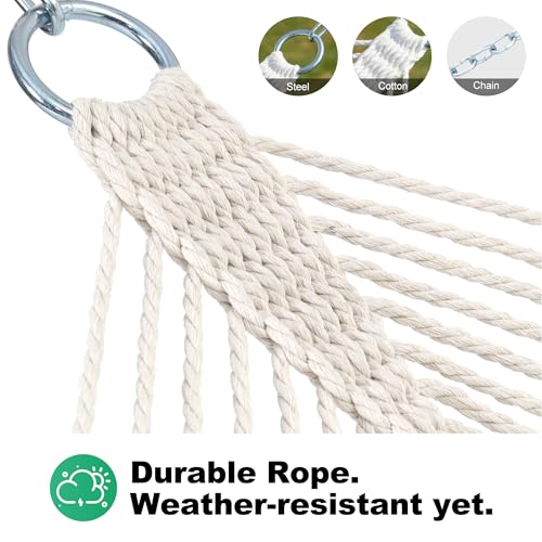 GAFETE Rope Hammock 2 Person Traditional Hand Woven Outdoor Cotton Hammocks with Hardwood Spreader Bar, Max 450 lbs Capacity (Natural Beige, Large) - color: Natural Beige, size: Large