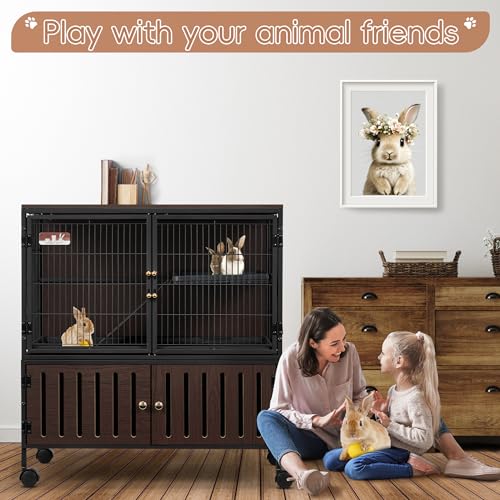 HABUTWAY 36.5''H Metal Large Ferret Cage, Rolling Chinchilla Cage with Removable Ramps& Double Door, with Locker, Small Animal Cage, Rat Indoor Wooden Pet Crate Furniture