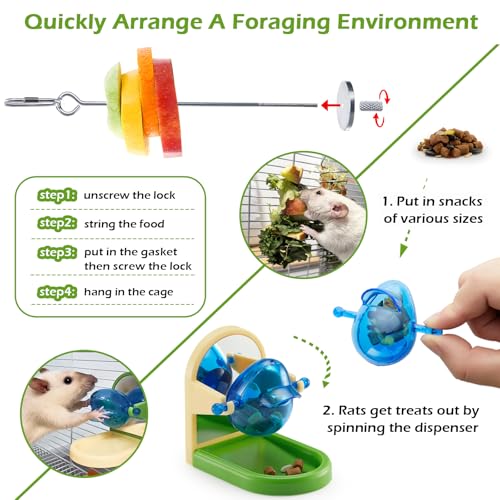 2Pcs Rat Enrichment Toys Set - Fruit/Veg Holder & Treat Dispenser | Interactive Foraging Puzzle Toys for Rats/Mice/Birds, Cage Accessories with Hanging Feeder & Intelligence Game