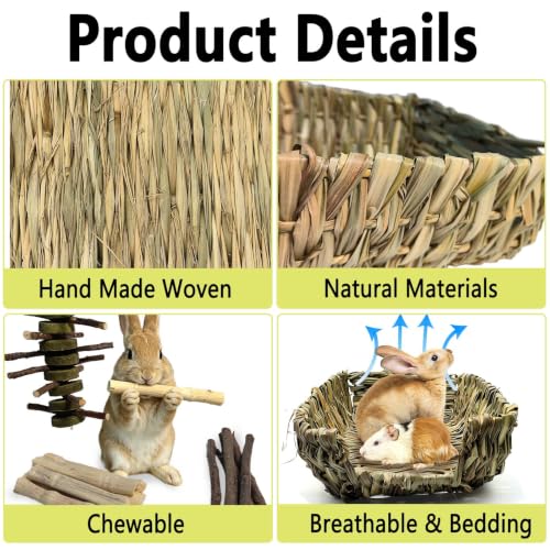 Bunny Grass Bed Mat 21Pcs Rabbit Chew Toys Set Hand-Made Woven Hay Mat | Wood&Bamboo Sticks and Timothy Grass Cake&Ball,Small Animals Teeth Grinding Chew Treat Toy for Guinea Pig - size: 21pcs