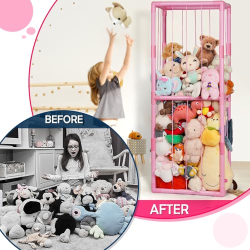 Stuffed Animal Zoo Storage PVC Stuffed Animal Holder, Pink | Vertical Plush Storage Organizer Shelf with Elastic Band for Nursery Play Room Bedroom - color: Pink