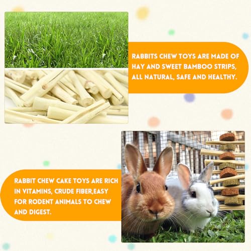 kathson 4 Pcs Bunny Chew Toys for Teeth,Rabbit Hanging Chew Toy Grinding Natural Sweet Bamboo Sticks with Timothy Hay Grass and Carrot Cake for Improve Rodent Small Animals Dental Health