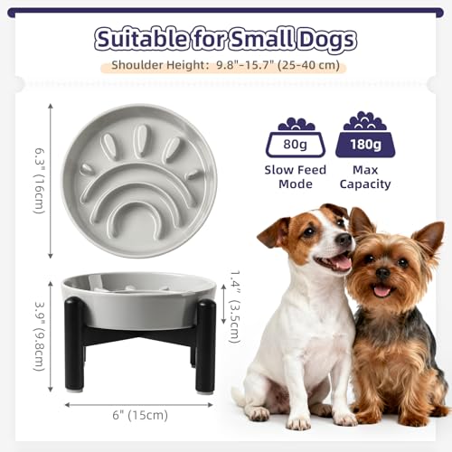 Elevated Slow Feeder Dog Bowl, 0.8 Cups Ceramic Raised Slow Feeder with Stainless Stand, 6.3 Inch Wide Lifted Dog Bowl for Small Breeds to Control Eating Speed, Grey - color: Grey, size: Small with Stand