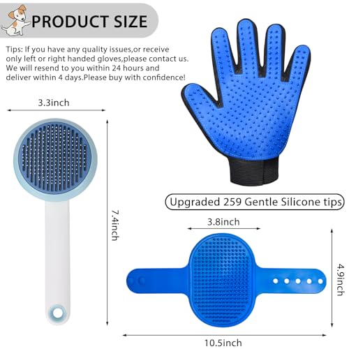 Cat Grooming Glove Brush, Self-Cleaning Slicker Pet Brush | Dog Bath Brush for Shedding and Grooming, Removes Loose Hair and Tangles for Short and Long Haired Pets, Blue
