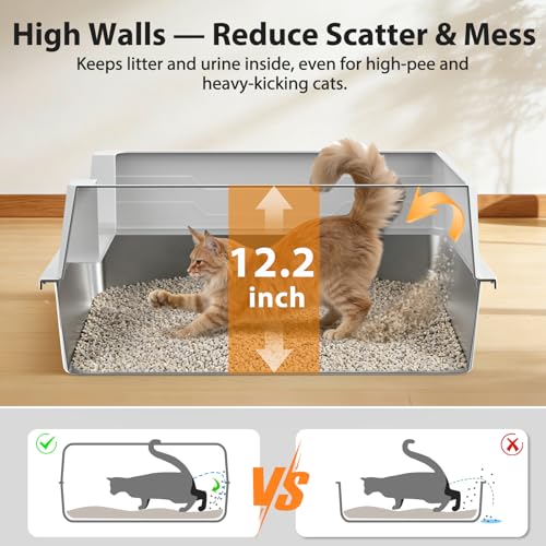FURTIME Stainless Steel Cat Litter Box, Extra Large Cats Metal Litter Box | High-Sided Open-Top Easy-Clean Litter Pan for Multi-Cat Home, Non-Stick, Anti-Leakage, Comes with Scoop & Mat, 28"×20"×12.2" - color: Silver, size: XXX-Large