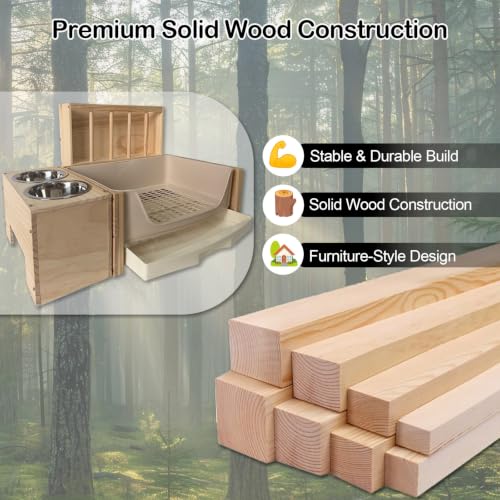 3-in-1 Large Rabbit Hay Feeder with Drawer Litter Box, Sturdy Solid Wood Bunny Feeding Station with Hay Rack for Rabbits, Guinea Pigs, Chinchillas, Ferrets and Small Animals