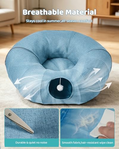 Odoland Linen Cat Tunnels with Central Cat Bed, Interactive Cat Toys Detachable Washable Soft Mat Large Indoor Play Tunnel Cave for Kittens and Small Animals - color: Linen Light Blue