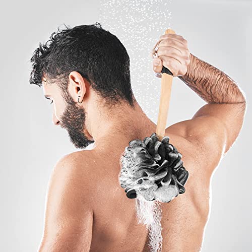 FORENEE Black Loofah on a Stick, PE Mesh Back Scrubber, Long Wood Handle | Soft PE mesh creates rich lather for gentle cleansing; coated long wood handle, non-slip rubber grip and hanging loop - style: Black（Long Handle）