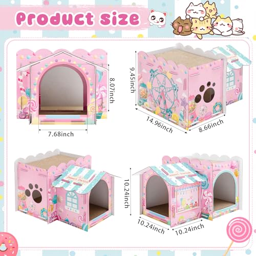 Lineshading 2 Story Cardboard Cat House with Scratcher Pad, Multi Level Durable Cat Scratcher House for Small Kitten Bunny Rabbit Animals Christmas Birthday Gift(17x12x10,Confectionery) - style: Confectionery