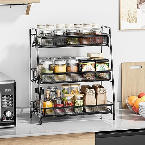 EKNITEY Bathroom Countertop Organizer Rack - 3 Tier Counter Spice Rack | Metal, Non-Slip Base, Makeup Rack, Small Coffee Station Organizer, for Sink Bedroom Kitchen Living room - color: Black