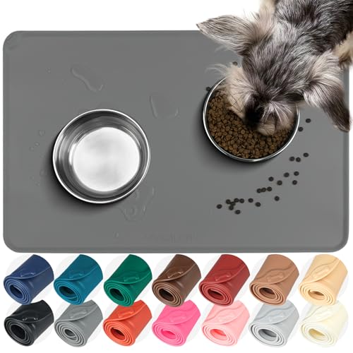 VIVAGLORY Pet Food Mat Flexmat Dog Bowl Mat, L, Grey | Non Slip Silicone for Pet Kitten & Doggy, Placemat with Lip for Floor - color: Grey, size: L (24.0 x 15.7in)