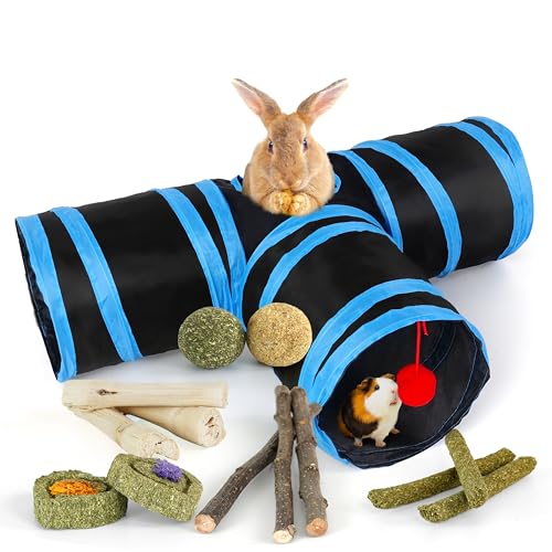 Bunny Tunnels & Tubes Collapsible 3 Way Rabbit Hideout with 13pcs Toys for Bunny Guinea Pig Hamster Chinchilla Hedgehog Rat Ferret Kitten (BK&BU) - color: BK&BU