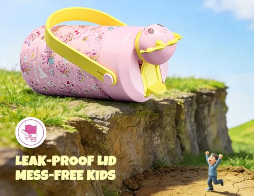 POWCAN 12 oz Kids Water Bottle: 2-in-1 Straw Spout Lid with Soft Animal Head, Leakproof, Backpack Friendly, Keep Cold 24H, Cute Patterns, Insulated Cup for School, Playtime, Trip, Gift (Lovely Trike) - color: Lovely Trike, size: 12 Ounces