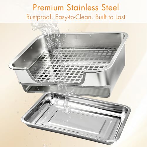 MCEAST Extra Large Stainless Steel Rabbit Litter Box, Pull-Out Bunny Potty Pan with Metal Grid, Rabbit Cage Bathroom Set Includes Pee Pads Cleaning Set for Small Animals (17.7" x 13.8" x 5.9")