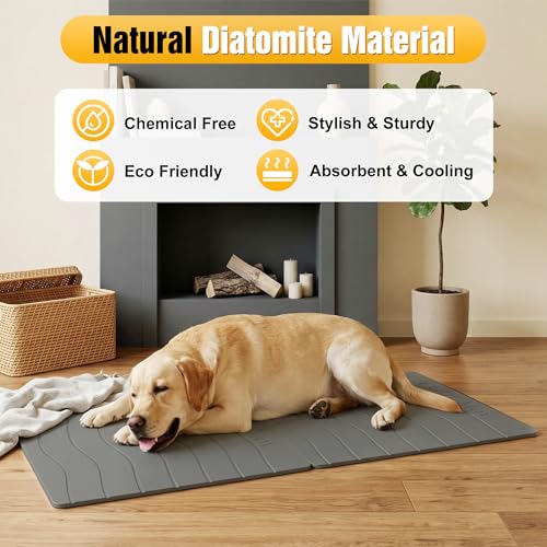 Double-Side 2 in 1 Stone Pet Food Mat & Cooling Mat (31"*16") | Instant dry water absorbing Diatomite Stone Dog Bowls Drying Mat & Heat dissipating Pet Cooling Mat. Bite-Proof & Non-slip. - color: DARK GREY, size: 31"*16"