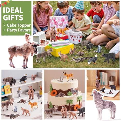 12PCS Solid North American Woodland Forest Animal Figurines Set | Realistic Wildlife Animal Toys, Educational Learning Playset, Birthday Party Favor Cake Topper Gifts for Toddlers Kids 3-13