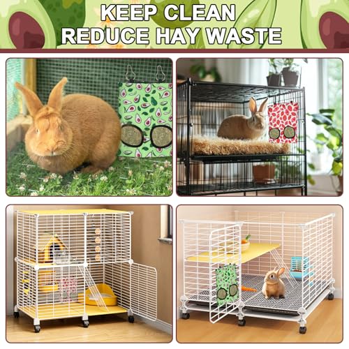 ABTOLS 2PCS Rabbit Hay Feeder Bags, Hanging 2 Hole Hay Feeder for Guinea Pigs Chinchillas Hamsters Red Green Strawberry Avocado Bunny Small Animal Pet Cartoon Hay Bag - color: green