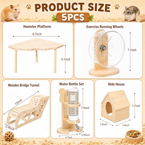 Novabright 5 Pcs Hamster Wooden Platform Set with Hideout Tunnel Running Wheel House & Platform Play Set with Water Bottle Holder Cage Accessories for Hamsters Gerbils Mice Dwarf Syrian - style: Basic Play Set