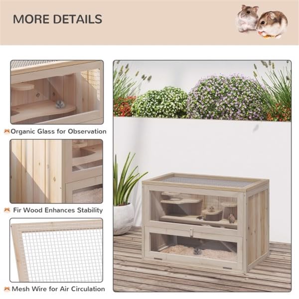 Wooden Hamster Cage, Small Hamster Cages Animal Habitat with Multi-Level Platforms, Natural Wood Chew- Enclosure for Hamsters and Dwarf Small Hamster cage Rats, Includes Exercise