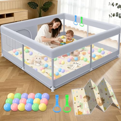 XVISHX Baby Playpen with Mat, 50x50 Inch Play Pen, Playpen for Babies and Toddlers, Baby Playard for Indoor & Outdoor Active Center Game Fence, with Skin-Friendly Fabric and Soft Breathable Mesh - color: Grey, size: 50 × 50 Inch + Mat & Handle & Ball