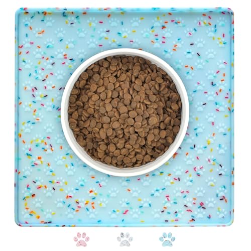 Ptlom Dog Food Mat Anti-Slip Dog Bowl Mats for Food and Water, Waterproof Pet Placemat Prevents Messy Spill to Floor, Silicone Puppy Feeding Tray for Small, Medium and Large Dogs Cats, Blue - color: Donut-Blue, size: 11.8"L x 11.8"W