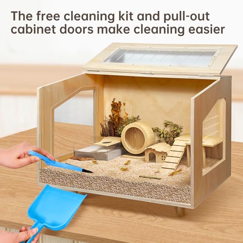 Wooden Hamster Cage - 24 inch Guinea Pig Cage Clear Small Animal cage with Open top Hamster Habitat Wooden Frame with Acrylic Panel | Acrylic and Plywood, Indoor Small Animal Use, Open Top, Clear Panels, Pull-Out Front, 23.6 x 15.7 x 18.5 Inch - size: 23.