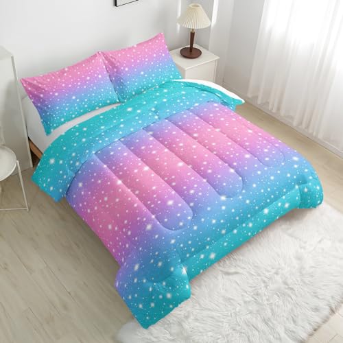 Nttopship Colorful Rainbow Comforter Set - Full Size for Girls, Pink Blue Gradient Comforter and 2 Pillowcases - color: Colorful Rainbow, size: Full