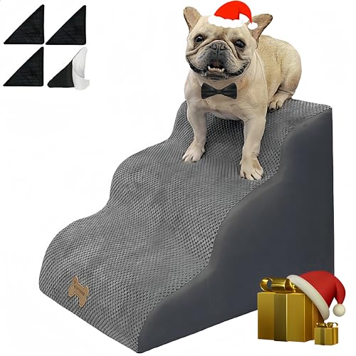 3-Step Pet Stairs for High Beds & Couches, Multi-Step Non-Slip Pet Steps with Balanced Ramp, Indoor 2/3/4/5 Steps for Small Large Cats & Pets, Anti-Slip Stickers Included, 33D Grey
