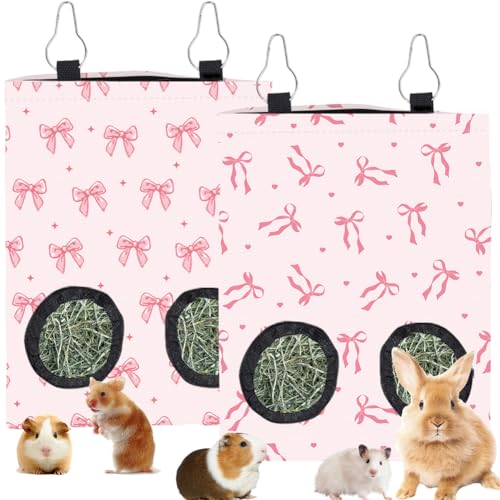 2Pcs 2 Styles Small Pet Hanging Hay Bag Pink Hay Feeder Bag with 2 Holes Bowknot Pattern Cloth Washable Rectangle Feeding Storage for Rabbit Chinchillas Hamsters Guinea Pigs 12 x 9 Inch - color: Bowknot